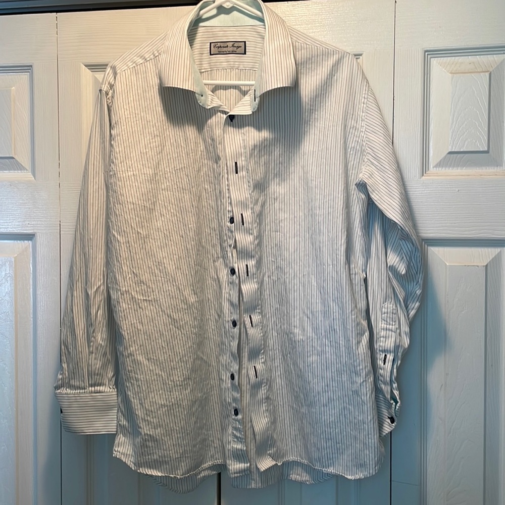 Blue/green pin stripe colllared dress shirt(L)